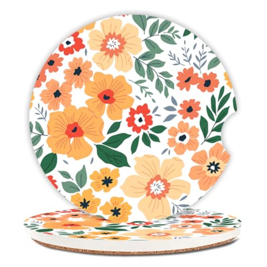 Car Accessories Cork - Flowers Absorbent Car Coasters for Cup